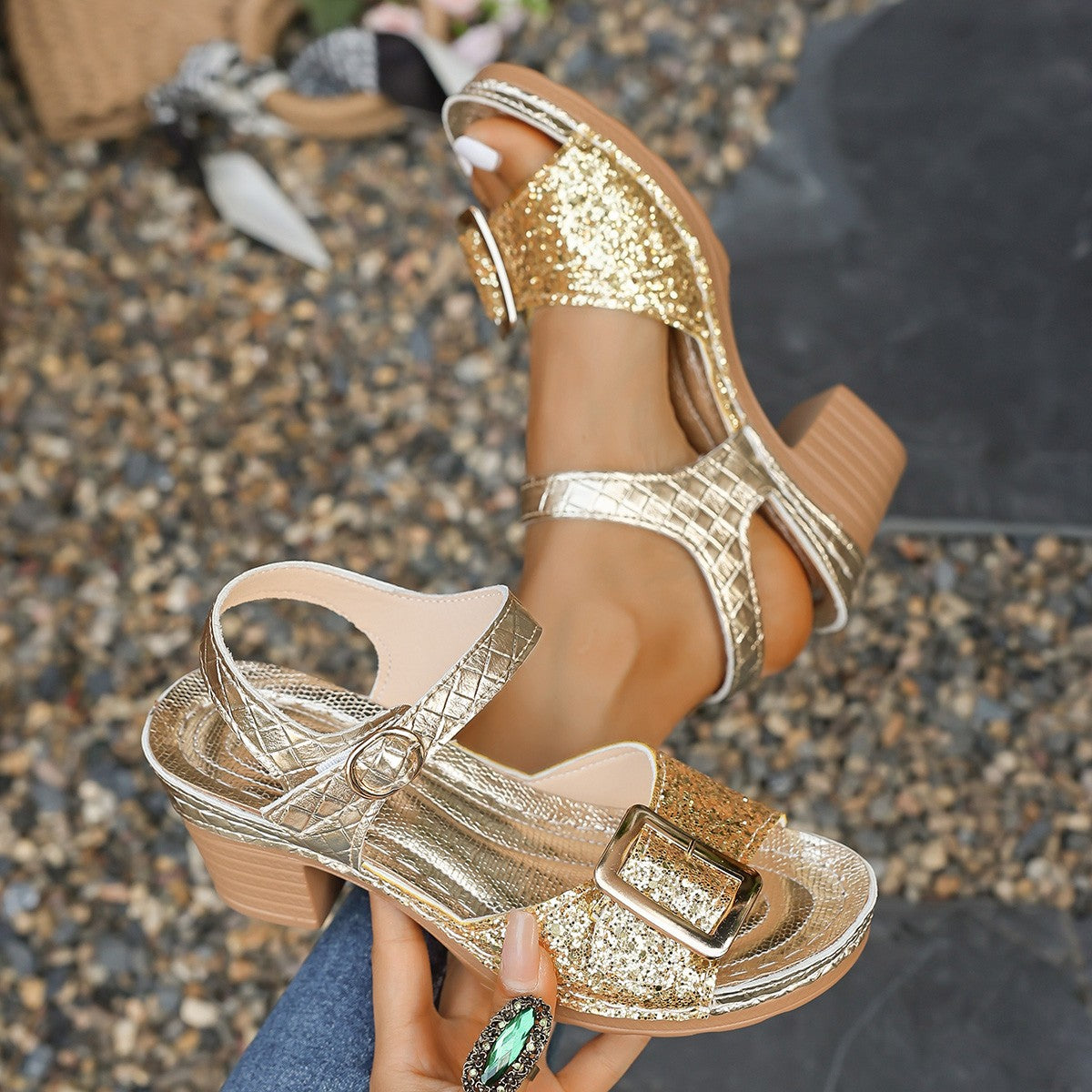 Women's Shiny Sequin High Heels Sandals Summer Ankle Buckle Beach Sandals Casual Woman Plus Size 43 Women's Shoes