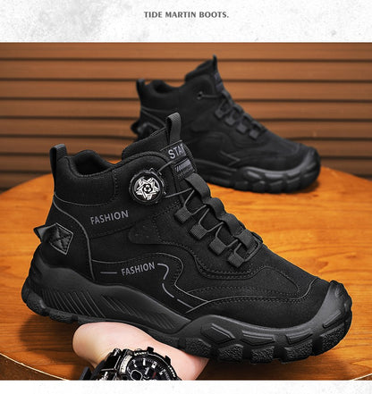 High-Top Men's Shoes for Winter, Thick-Soled Sports Shoes, British Style Retro Work Shoes, Rotating Buckle Casual Boots