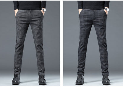 Autumn Winter New Fleece Thickened Casual Pants Men Business Straight Slim Plaid Pants Black Gray Men's Warm Trousers