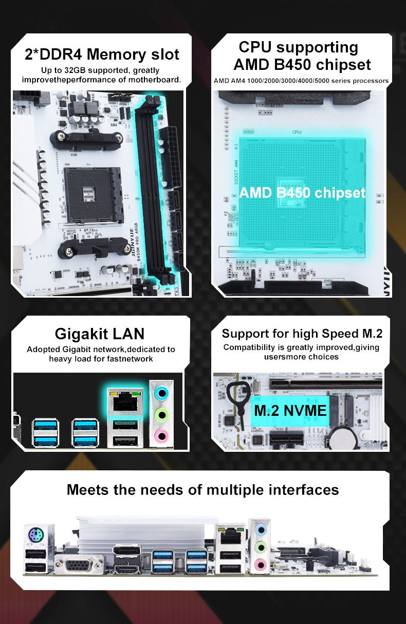 Placa-Mãe JGINYUE B450M PRO Processador AMD Memória DDR4 de Canal Duplo Placa Principal AM4 M.2 NVME (Suporta CPU Ryzen 5500 5600 5600G)