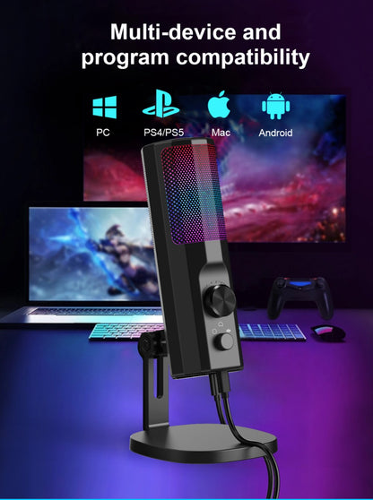 Microfone Condensador 3,5 mm com Cancelamento de Ruído ENC, Iluminação LED RGB, Compatível com PC/PS4/PS5/Mac/Android, Ideal para Stream
