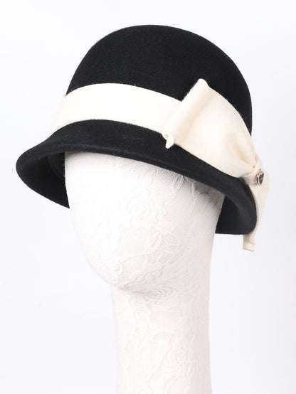 Chapéus de inverno luxuosos e elegantes de lã feltro para mulheres preto/branco com aba enrolada para casamento igreja coquetel chá de festa a rigor