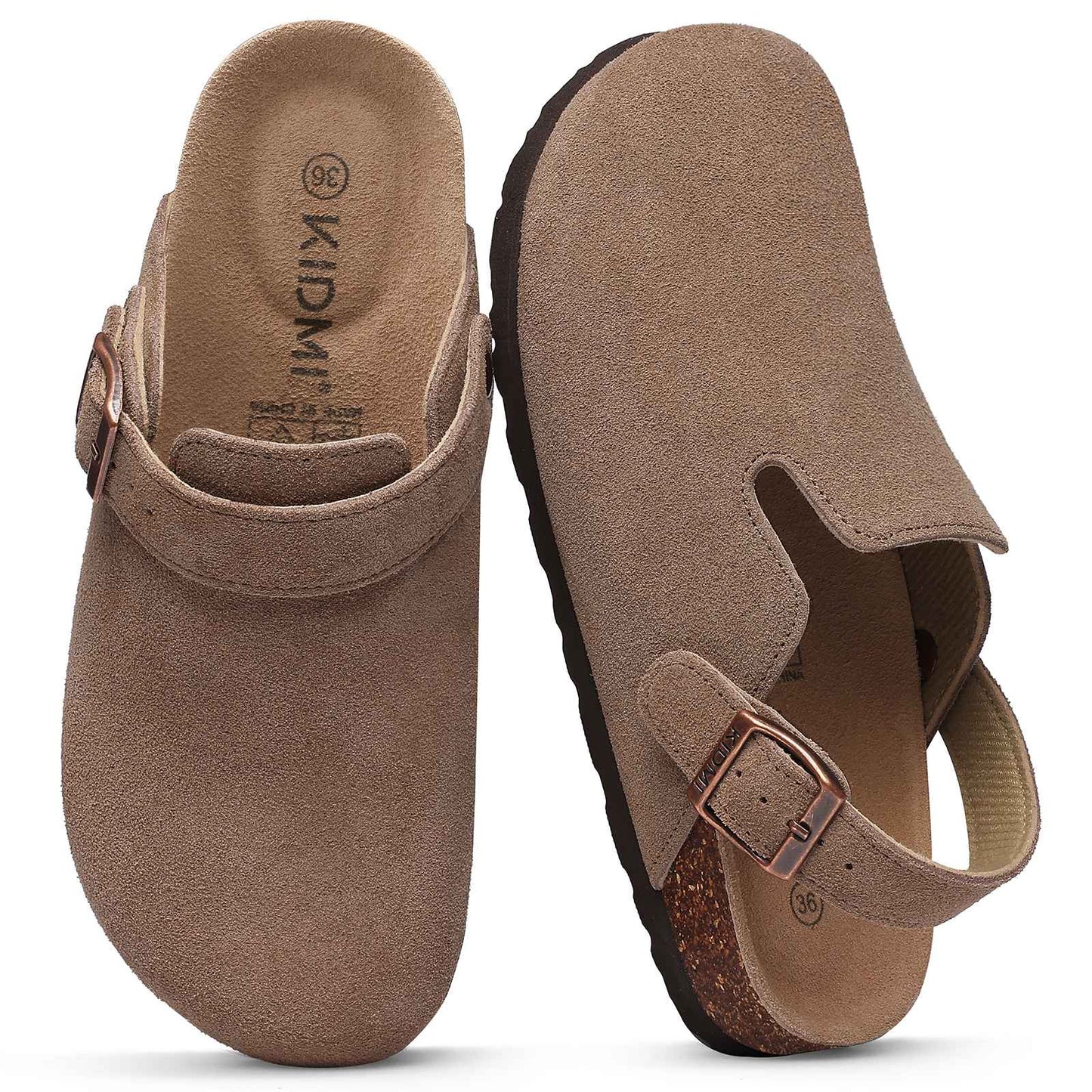 Comwarm Cow Suede Women Clogs With Adjustable Buckle Cork Footbed Leather Mules Comfort Slip on Women Slippers Summer Cork Clogs