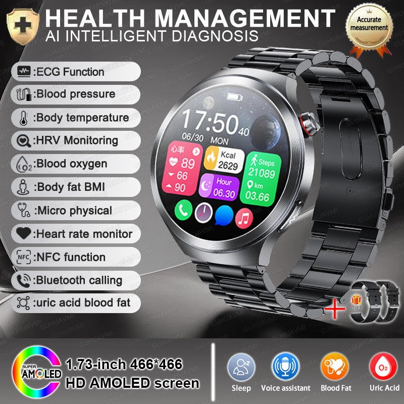 Relógio Inteligente Smartwatch Masculino 2026 Health Tracker com Safira e Medição de Ácido Úrico, Gordura Sanguínea, Pressão Arterial e ECG+PPG com Análise Corporal