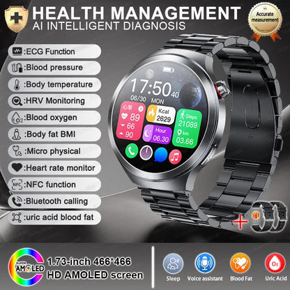 Relógio Inteligente Smartwatch Masculino 2026 Health Tracker com Safira e Medição de Ácido Úrico, Gordura Sanguínea, Pressão Arterial e ECG+PPG com Análise Corporal