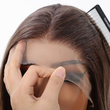 HENRY MARGU Peruca Frontal Lisa Ondulada Marrom Mista Longa Peruca Sintética Natural Ondulada 13x4 Frontal de Renda Cabelo Falso para Mulheres Raiz Escura