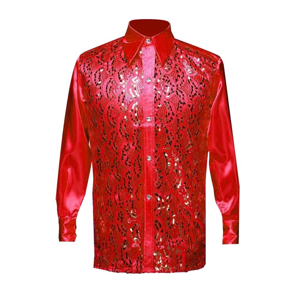Men Sequins Shirt Adult Lapel Long Sleeved Dance Performance Shirt Costume Wedding Stage Shirt Slim Fit Casual Men Shirts Tops