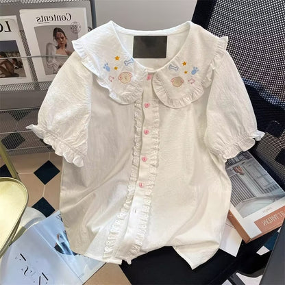 Japanese Kawaii Cute Lolita Blouses Women Vintage Sweet Schoolgirl Lace Peter Pan Collar Shirts Spring Embroidery Y2k Tops Mujer