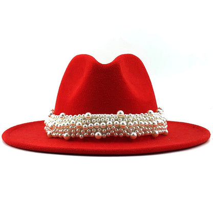 Chapéu Fedora De Lã Feminino Masculino Com Fita De Pérolas Cavalheiro Elegante Senhora Inverno Outono Aba Larga Igreja Panamá Sombrero Boné De Jazz 60CM