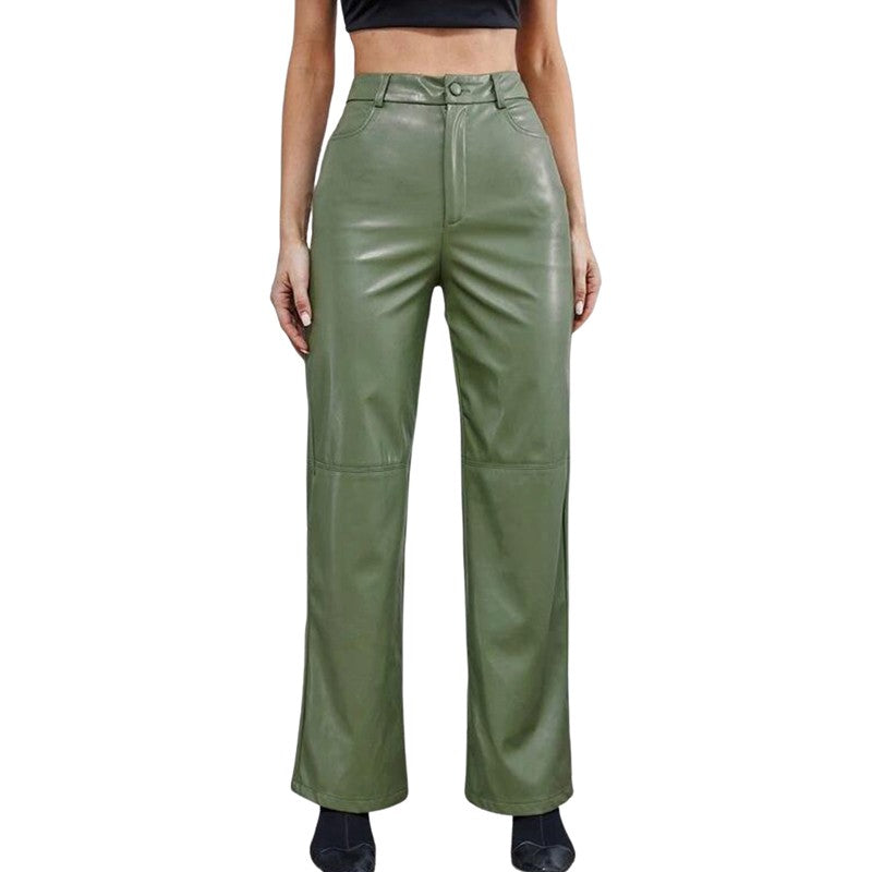 Leather Pants For Women High Waist Straight Slimming Side Pockets Solid Color Casual Party Spring Fall Trousers