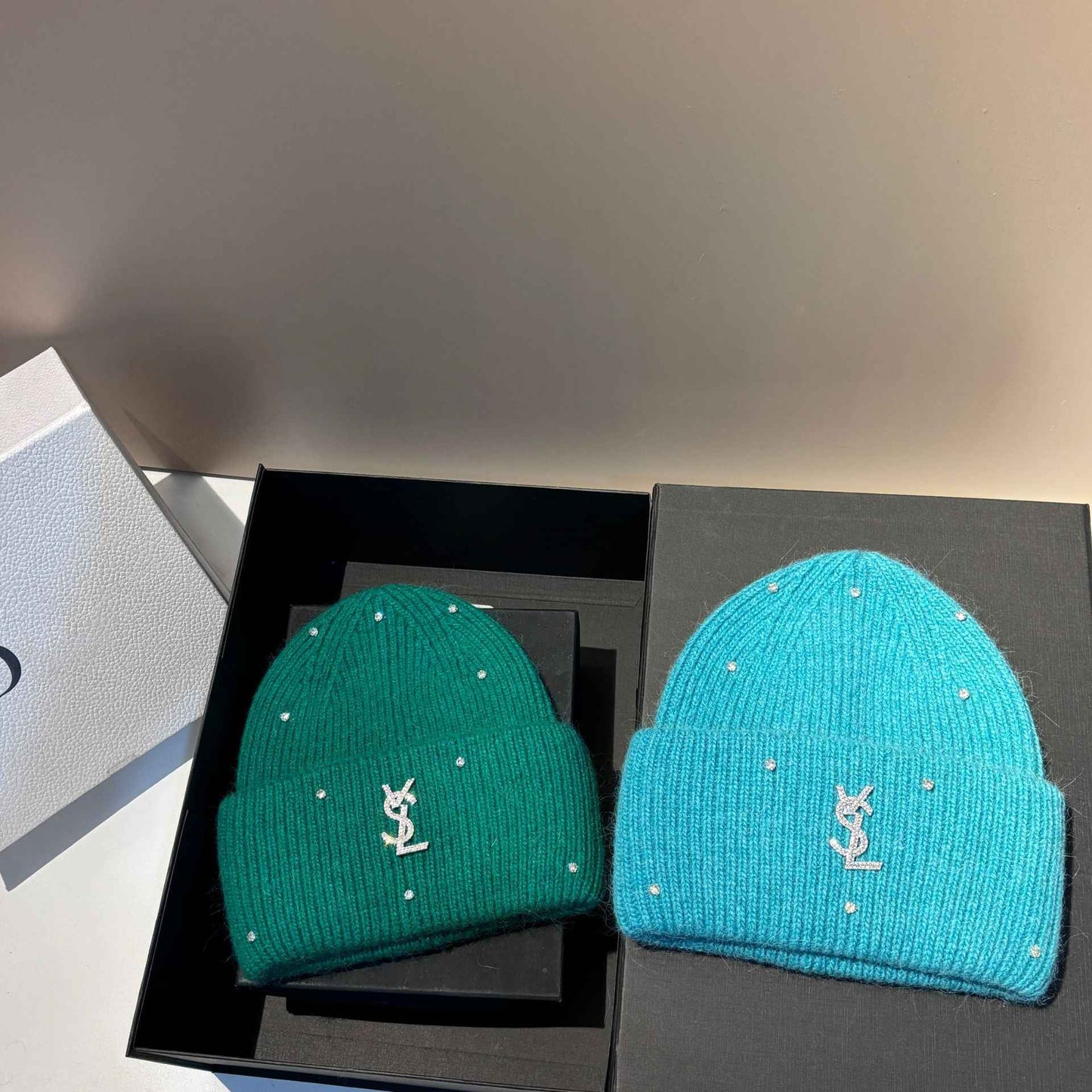 Rhinestone Decor Rabbit Fur Knitted Hat Warm Ear Flap Beanie for Women Luxury Soft Slouchy Cap Face Slimming Design