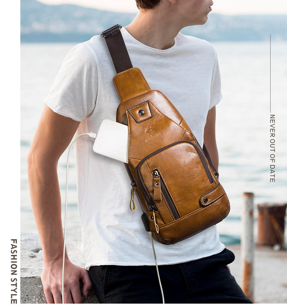 HUMERPAUL Men's Usb Chest Bag 100% Genuine Leather Crossbody Shoulder Bags Multifunction Travel Outdoor Messenger Pack Fashion