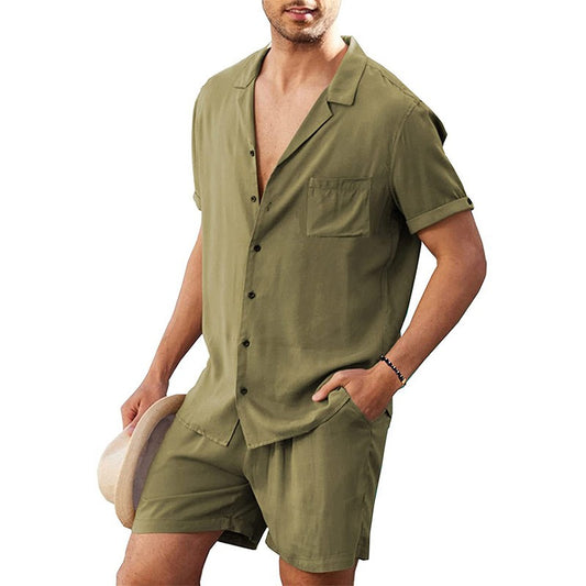 Summer Cotton Linen Shirt Set Men's Casual Outdoor 2-Piece Suit Andhome Clothes Pajamas Comfy Breathable Beach Short Sleeve Sets