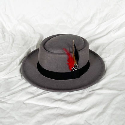 NEW Vintage Pork Pie Hat Mens Rolled Brim Felt Fedora Hat with Feather Gentleman Church Cap Trilby Jazz Hats