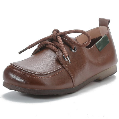 Vintage Plain Oxfords Shoes Women's Genuine Leather Flats Ladies Laced Up Moccasins Elderly Woman Square Toe Driving Loaferss