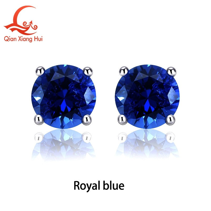 Lab Created Royal Blue/Cornflower Blue Sapphire Ear Stud 5-9mm with Inclusions Round Shape S925 Silver Earrings Jewelry