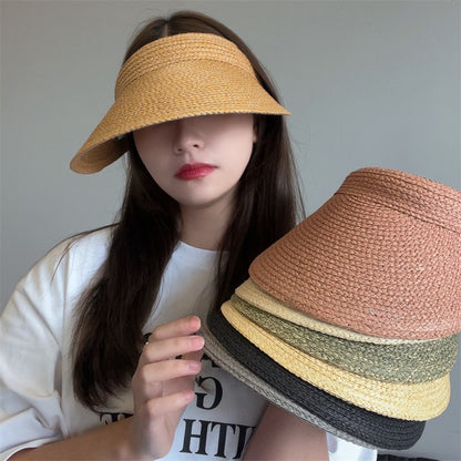 Chapéu de Sol Feminino USPOP de Verão com Aba Grande, Estilo Tiara de Ráfia, Casual e Aberto, para Praia