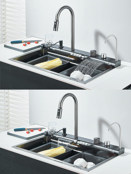 304 Stainless Steel Kitchen Sink Double Waterfall Single Slot Integrated Digital Display Faucet Set Soap dispenser Cup Washer