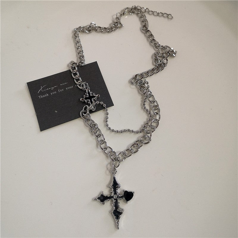 Punk Rock Black Heart Cross Pendant Chain Necklace For Men Women Cool Hip Hop Street Vintage 90s Y2K Grunge Goth Accessories