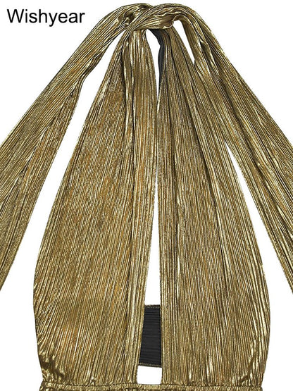 Wishyear Women's Sexy Ruched Patchwork Bodycon Dress Halter Sleeveless Backless for Autumn Birthday Party Evening Christmas Prom