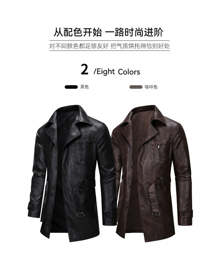 New Mid-length Men's Leather Jacket Spring and Autumn Fashion Functional Lapel PU Jacket Retro Men's Motorcycle Leather Jacket