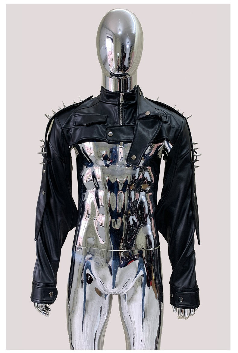 Mauroicardi Cool Black Cropped Pu Leather Jacket Men Rivet Shoulder Pads Zip Up Short Luxury Punk Style Clothes European Fashion