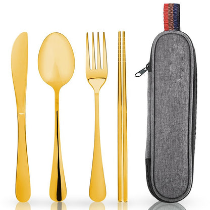 5Pcs Stainless Steel Dinnerware Set Tableware Spoon Fork Knife Chopsticks Kit with Storage Bag Kitchen Household Cutlery Set