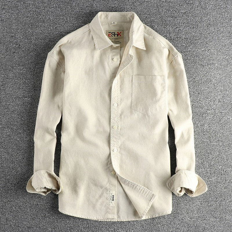 2025 Spring New Japanese Retro Long Sleeve Lapel Cotton and Linen Cargo Shirt Men's Simple Single Pocket Casual Loose Blouses