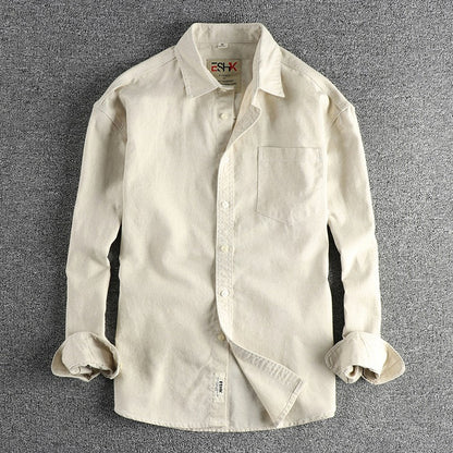 2025 Spring New Japanese Retro Long Sleeve Lapel Cotton and Linen Cargo Shirt Men's Simple Single Pocket Casual Loose Blouses