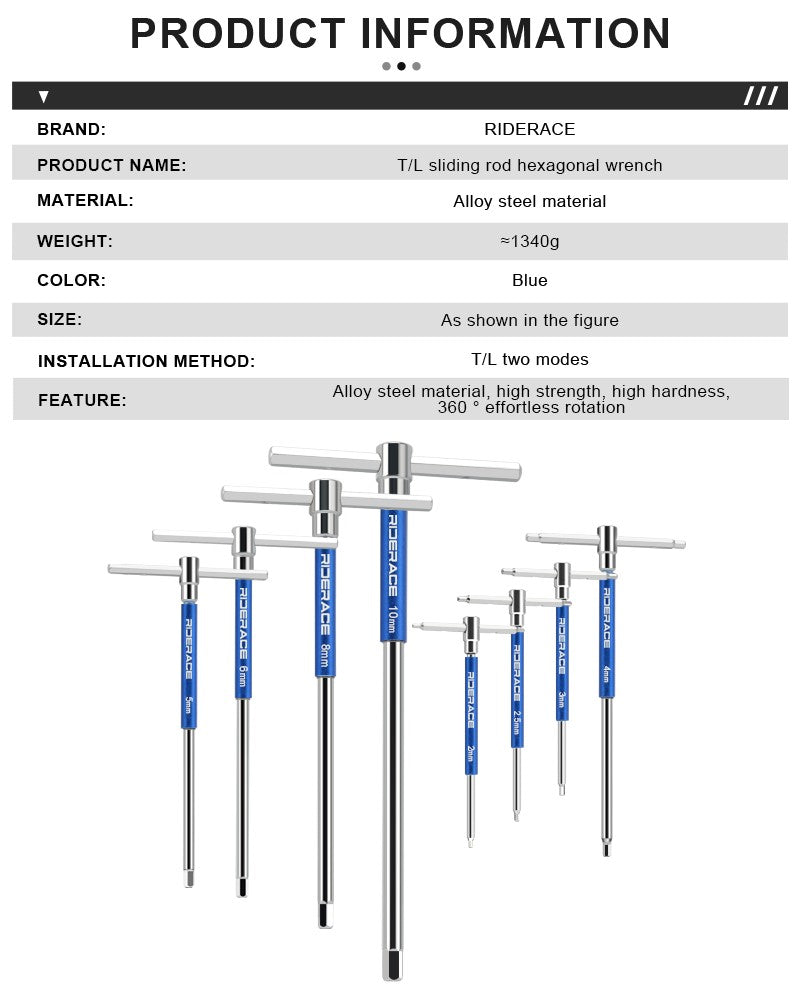 RIDERACE Jogo de Chaves Allen Hexagonais de Bicicleta com Cabo T de 2/2.5/3/4/5/6/8/10mm em Aço CRV para Reparo de Bicicletas