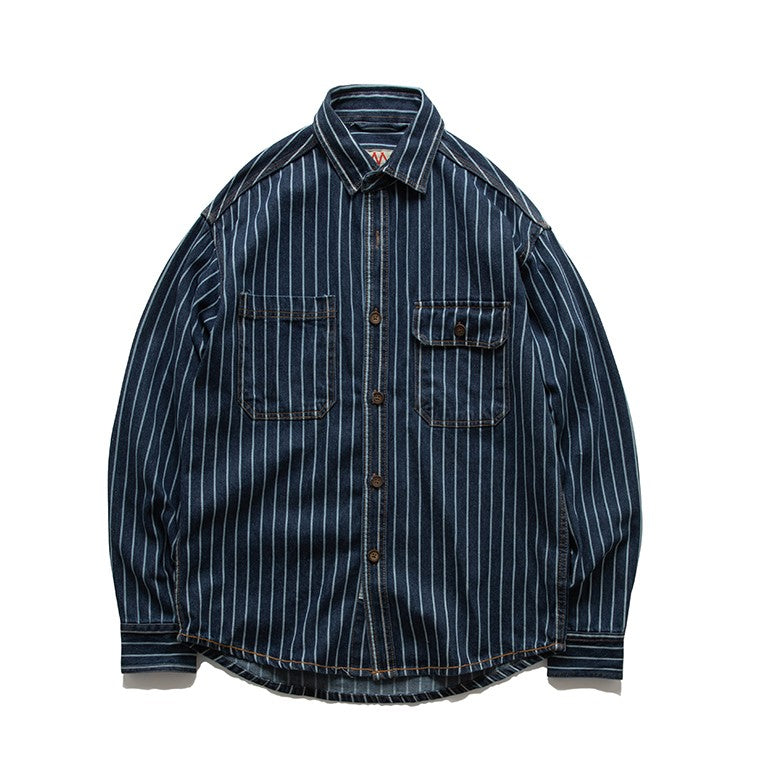 American Retro Workwear Long Sve Denim irt Loose Casual Striped ket irt Youth Trend Autumn Wear Iron Free