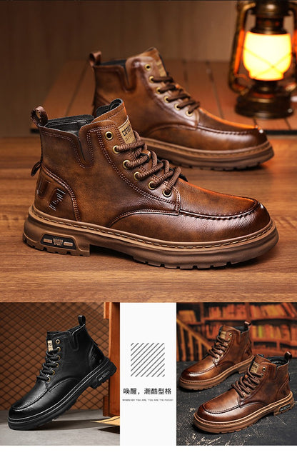 Hot Sale Brown Men's Boots Comfort Outdoor Men Motorcycle Boots Casual Lace-Up Ankle Boots Man Platform Boots botas para hombre