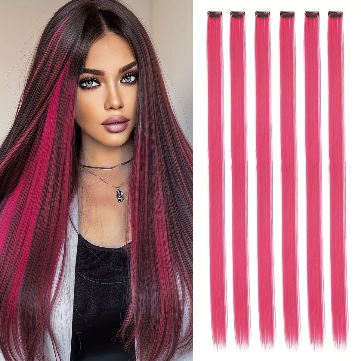 6 Pcs Clip Extensions, 24 Inch Colored Hair Extensions Party Highlights Long Straight Synthetic Hairpieces for Women Kids Girl