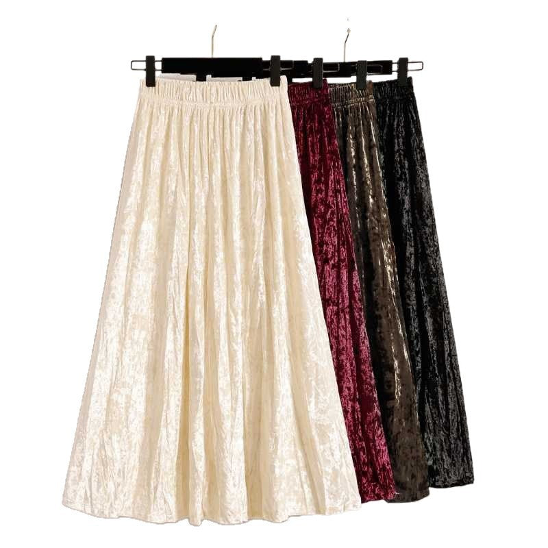 Plus Size Plus Size Women's Velvet Pleated A- Line Midi Skirt Autumn Winter Slimming Half-length Versatile Fashionable Commut...