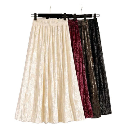 Plus Size Plus Size Women's Velvet Pleated A- Line Midi Skirt Autumn Winter Slimming Half-length Versatile Fashionable Commut...