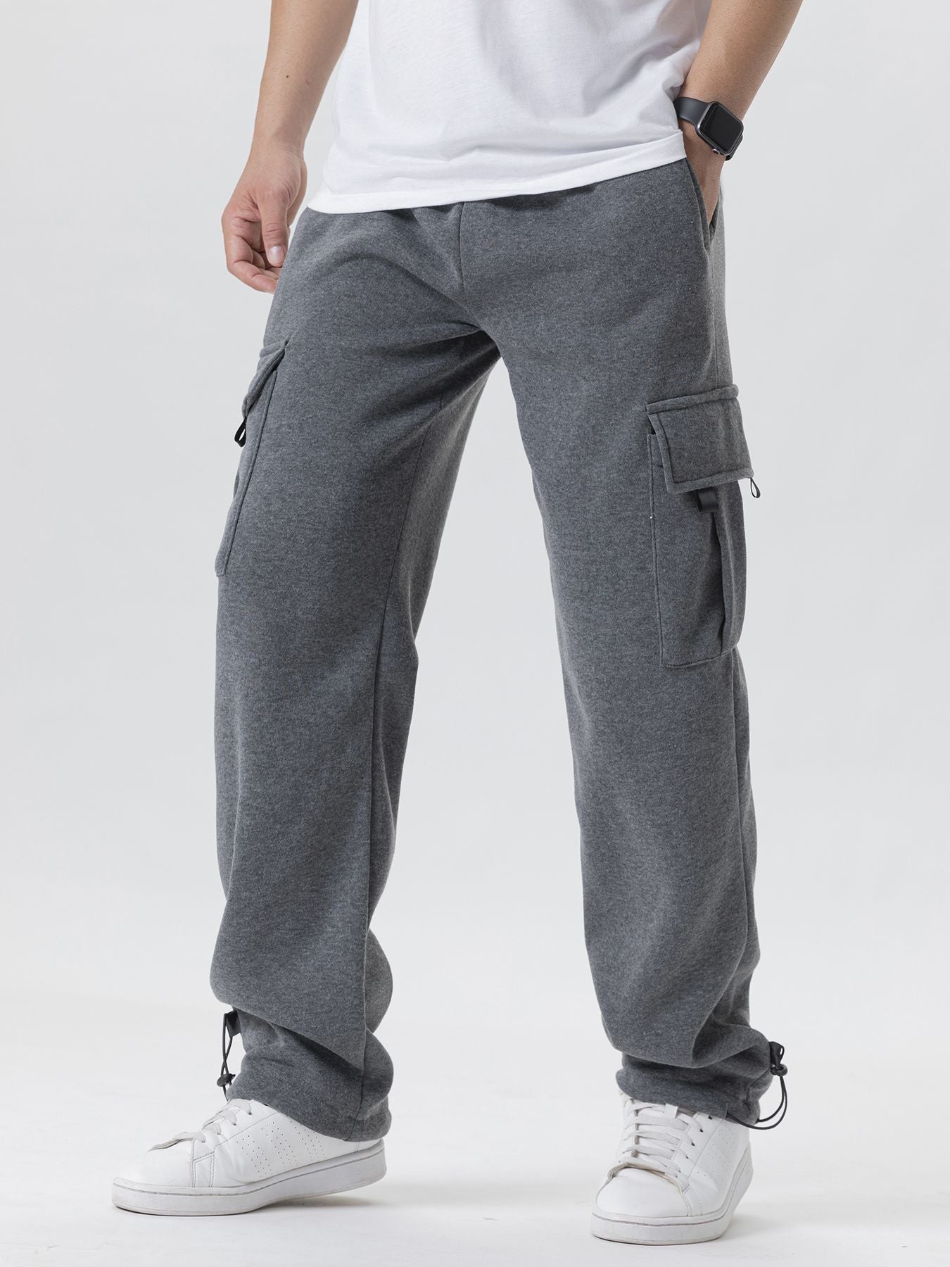 Calças de Moletom Masculinas Reta Casual Outono Inverno Calças Masculinas de Corrida Jogger Esportivas para Academia Calças Lisas com Vários Bolsos