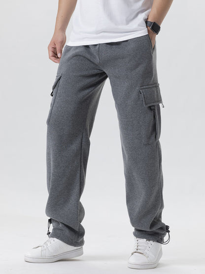 Calças de Moletom Masculinas Reta Casual Outono Inverno Calças Masculinas de Corrida Jogger Esportivas para Academia Calças Lisas com Vários Bolsos