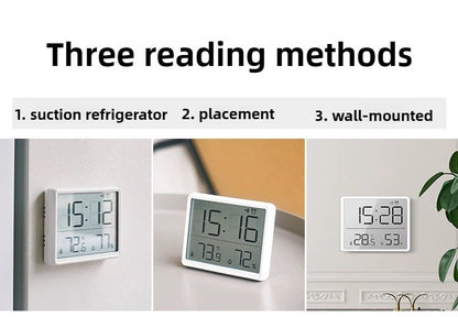Slim Digital Wall Clock with LCD Alarm, Temperature & Humidity Display- Multi-Functional Kitchen Electronic Clock Adhesive Mount