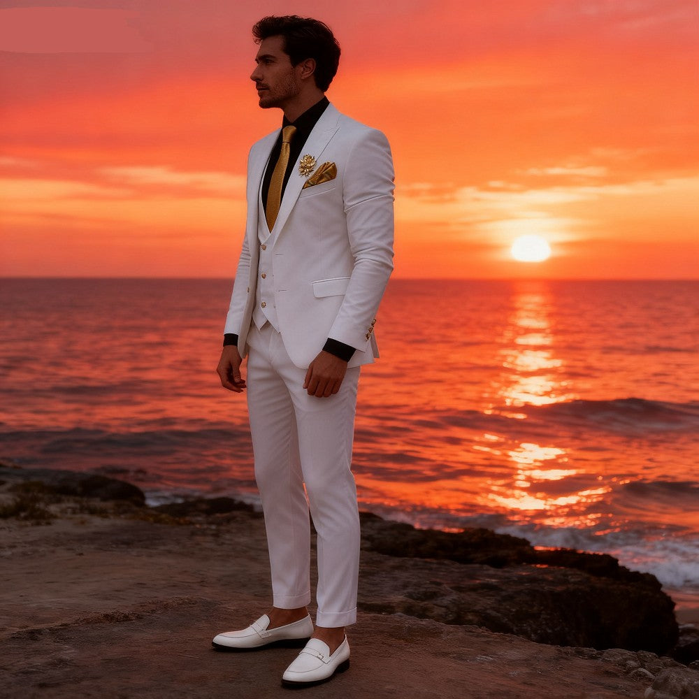 Smoking masculino de 3 peças, ternos brancos para o noivo, jaquetas de design, conjuntos de casamento novos em roupas e blazer