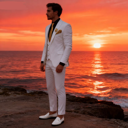 Smoking masculino de 3 peças, ternos brancos para o noivo, jaquetas de design, conjuntos de casamento novos em roupas e blazer