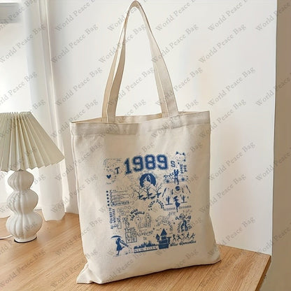1pc 1989 pattern Canvas Shopping Bag, TS Merch Portable Shoulder Bag, taylor's version Trendy Tote Bag For Daily Life