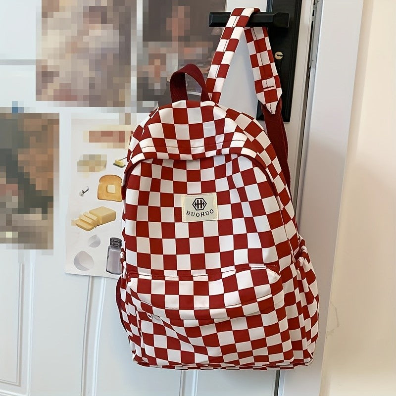 Mochila de lazer coreana com design xadrez de cores contrastantes, mochila diária do mesmo estilo, mochila casual simples para ensino médio e fundamental