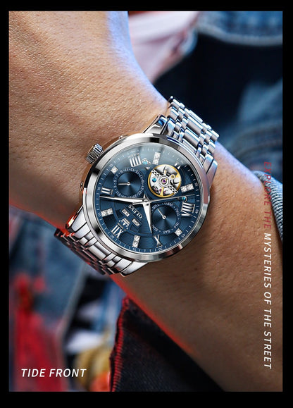 OLEVS Men's Watches Skeketon Flywheel Automatic Mechanical Original Wristwatch for Man Waterproof Luminous Perpetual Calendar