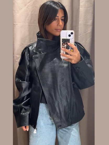 Faux Leather Stand Collar Bomber Jacket Women Locomotive Epaulet Slant Opening Ruched Coats Fashion Autumn Winter Lady Outerwear