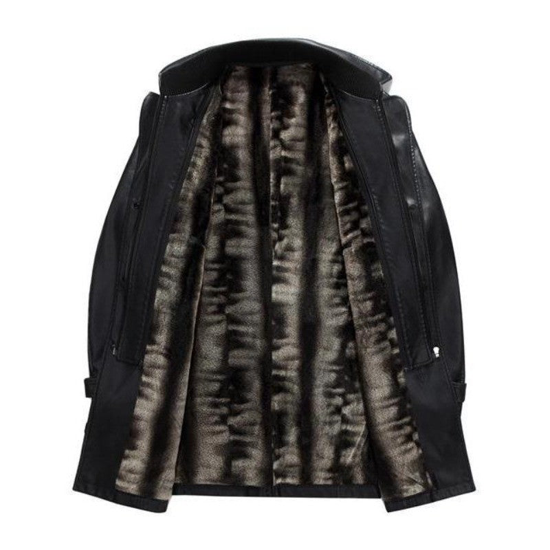 Fashion PU Leather Jacket Mid-length Fleece Thickened Windbreakers Suit Styles Large-sized Coats Overcoats Men's Slimming Trendy