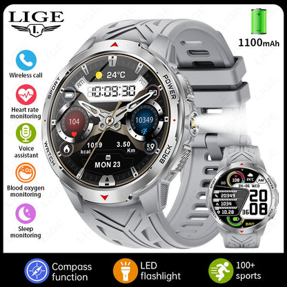 LIGE Novo Smartwatch Masculino com Bateria de 1100mAh para Esportes ao Ar Livre, Lanterna LED, Bússola, Chamada Bluetooth