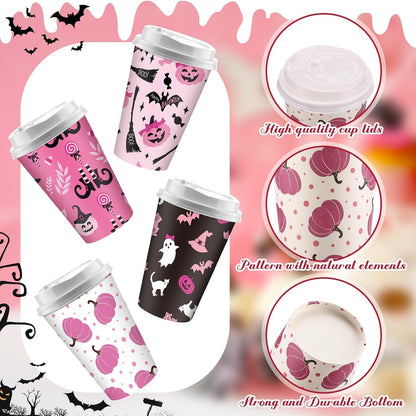 100 Copos de Café Descartáveis de Halloween com Tampas 12 oz Copos de Papel Rosa Fantasma Abóbora Bruxa Morcego Decoração Fofa de Halloween Rosa