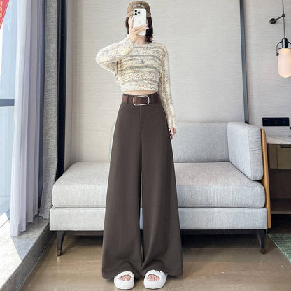 Grey Woolen Wide-leg Suit Pants Women 2025fall Winter New High-waisted Draping Straight-leg Casual Floor-length Thick Trouser