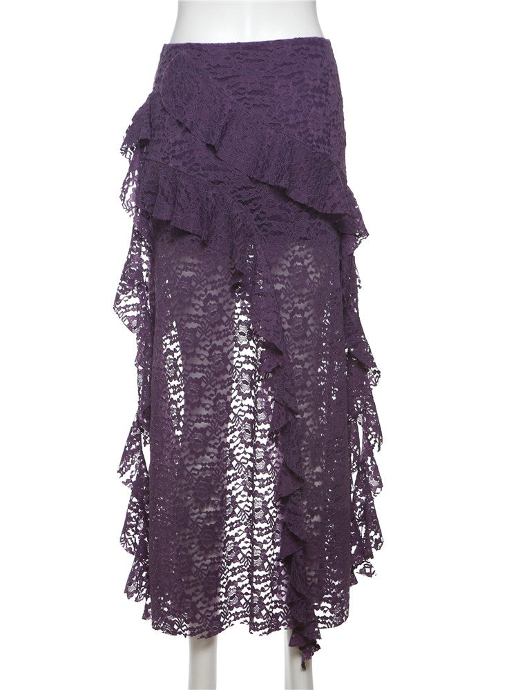 Nibber Tassels Women Skirts Irregular Hem Multi-Layered Ruffles Lace Patchwork S