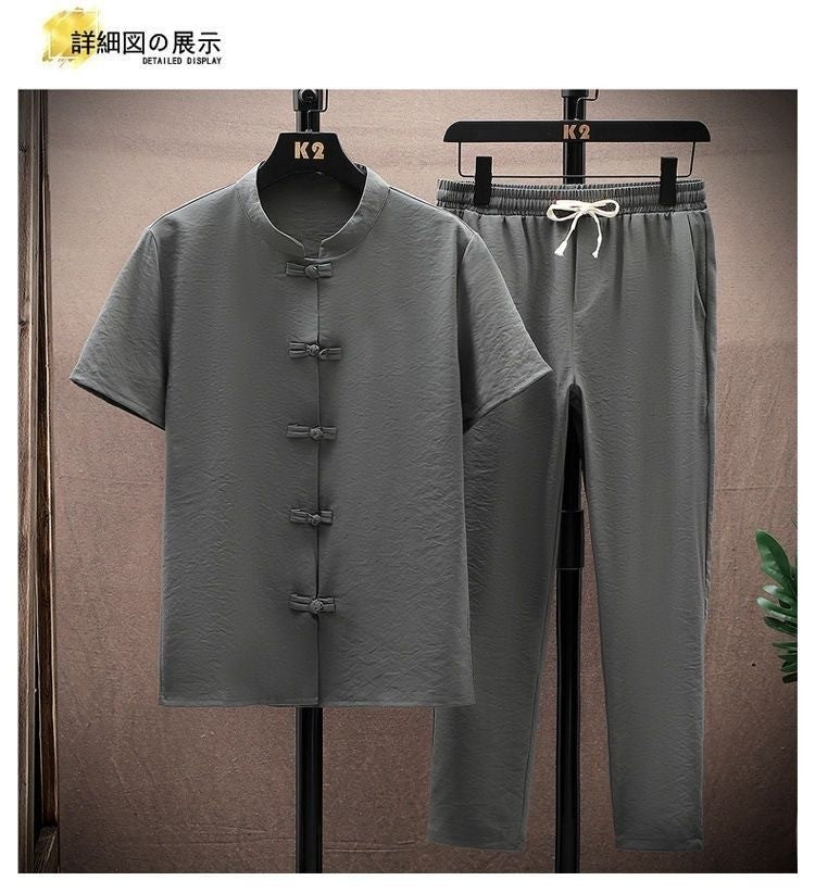Summer New Fashion Solid Color Breathable Cotton and Linen Suit Men's Leisure Loose Sports Large Size High-Grade Two-Piece Set